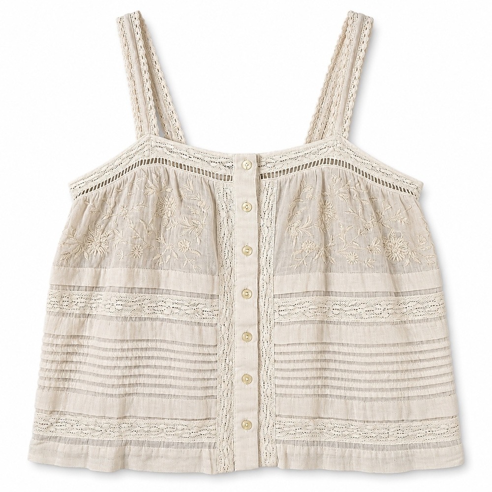 Lucky Brand Tank Top Small Cream Excellent Linen Embroidered Lace Boho